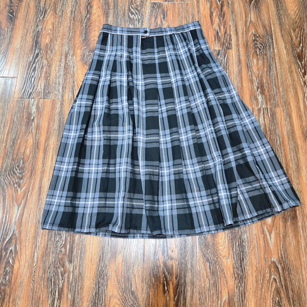 Womens M Pleated Skirt Black Blue Plaid A-Line Midi Academia School Girl